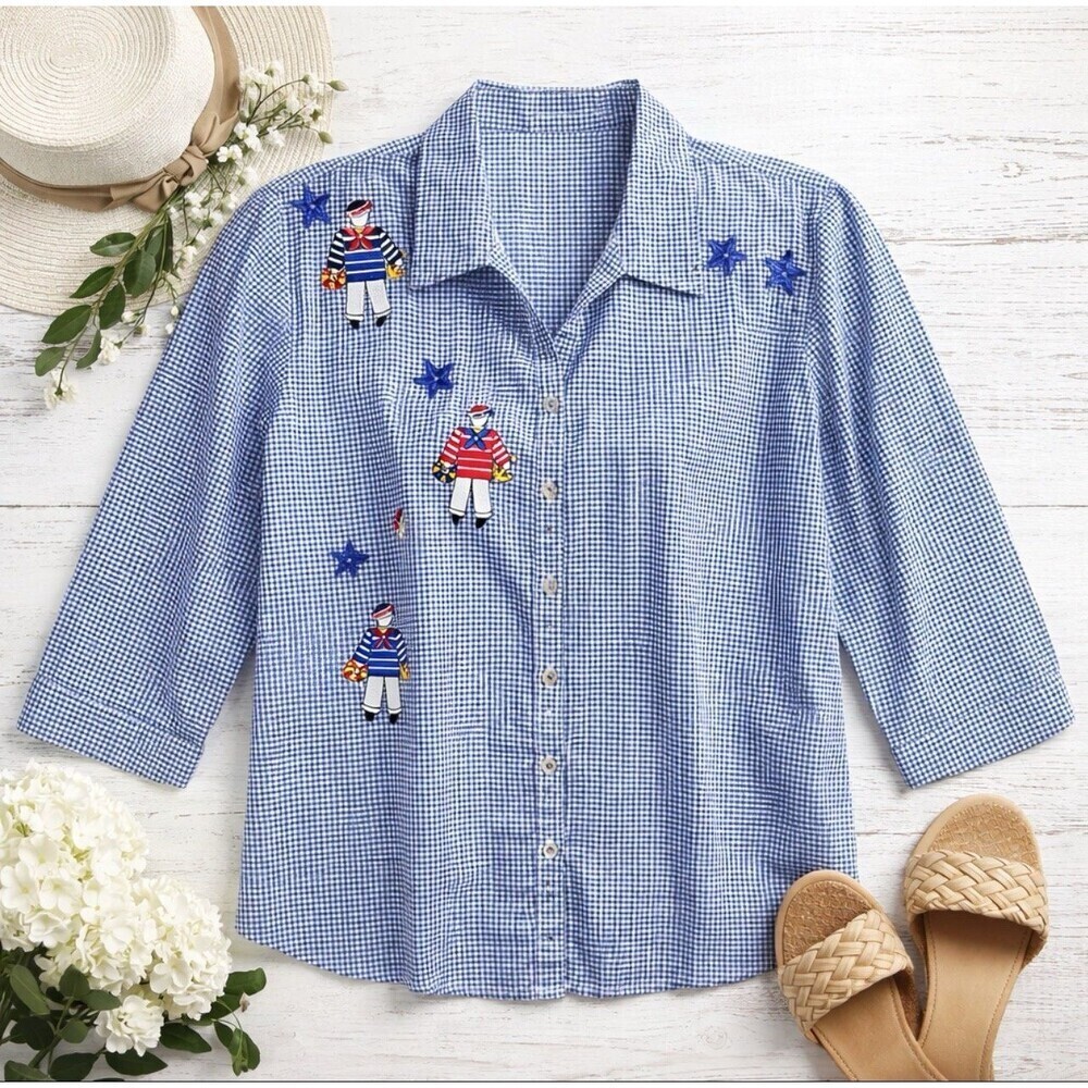 Lanie NY Women's Blue White Gingham Sailor Embroidered Blouse Nautical Large